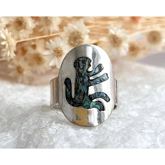 RARE Taxco Mexico Monkey Abalone Inlaid 925 Sterling Silver Vintage Ring - sz 8 - Picture 1 of 14